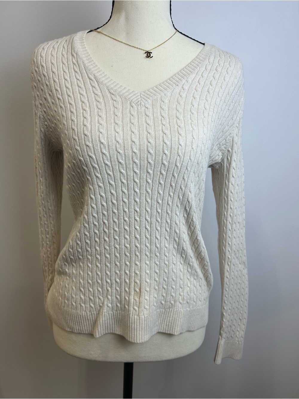 JEANNE PIERRE Cream Cable Knit V-Neck Sweater